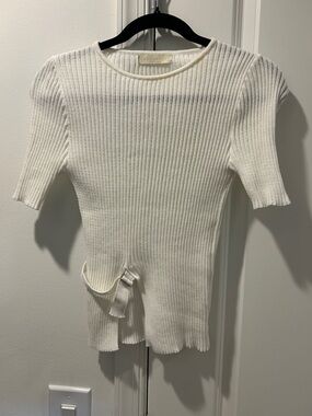Ribbed Short-Sleeve Tie-Accent Top — White